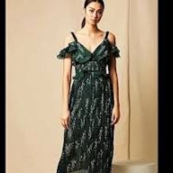 Choosy Dresses & Skirts - Choosy Floral Frill Off Shoulder Pleated Ruffle Midi Dress Green Size 8